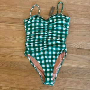J.Crew Ruched Sweetheart One-Piece Swimsuit in Green Gingham